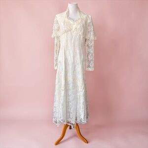 Victorian Inspired 1980s Vintage Lace Maxi Dress in Ivory